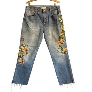 Size 30 Free People Embroidered Floral Bird Straight Leg Jeans Women